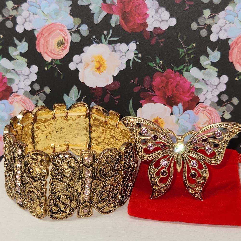 #2446, MID-CENTURY FILIGREE AND RHINESTONES, BRACELET AND BROOCH